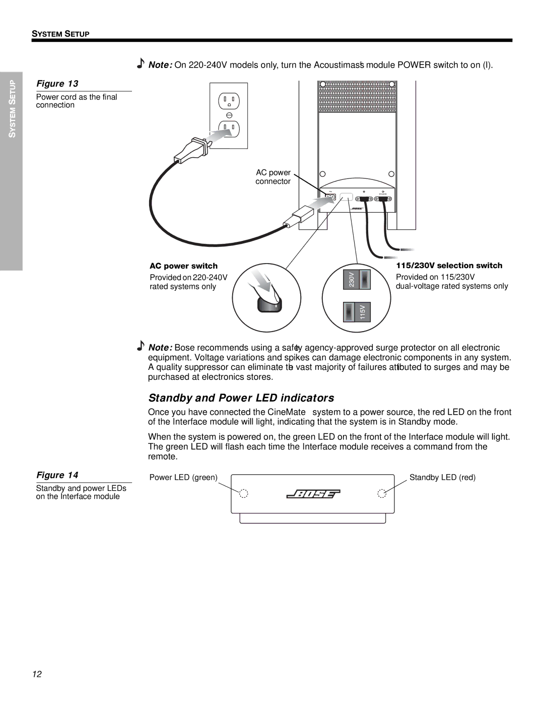 Bose Cinemate Digital Home Theater Speaker System manual Standby and Power LED indicators 