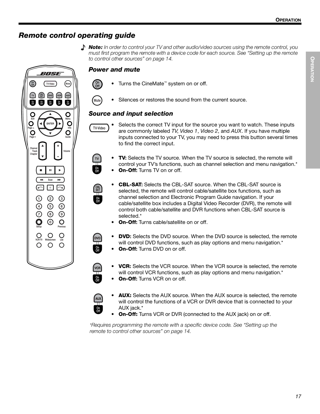 Bose Cinemate Digital Home Theater Speaker System manual Remote control operating guide, Power and mute 