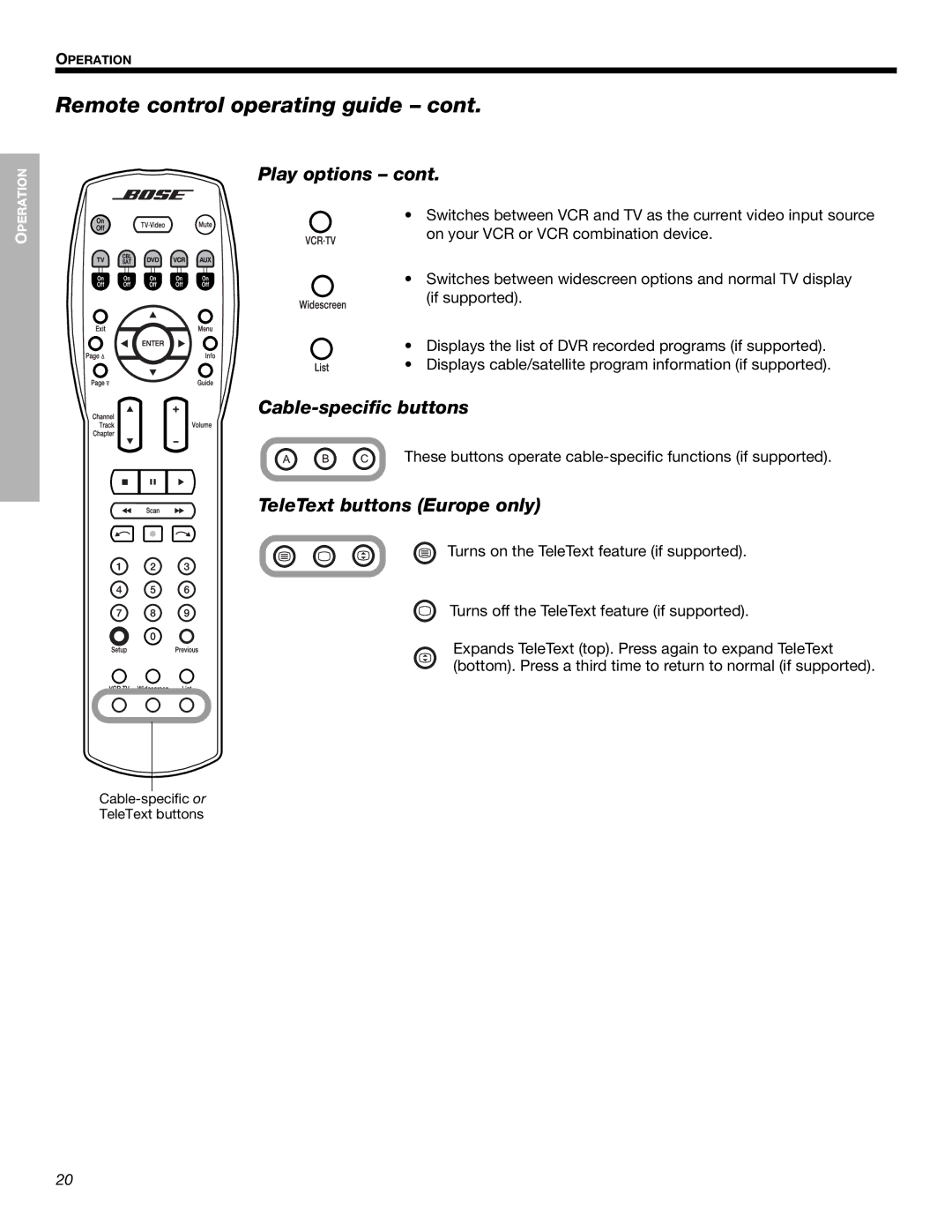 Bose Cinemate Digital Home Theater Speaker System manual Cable-specific buttons, TeleText buttons Europe only 