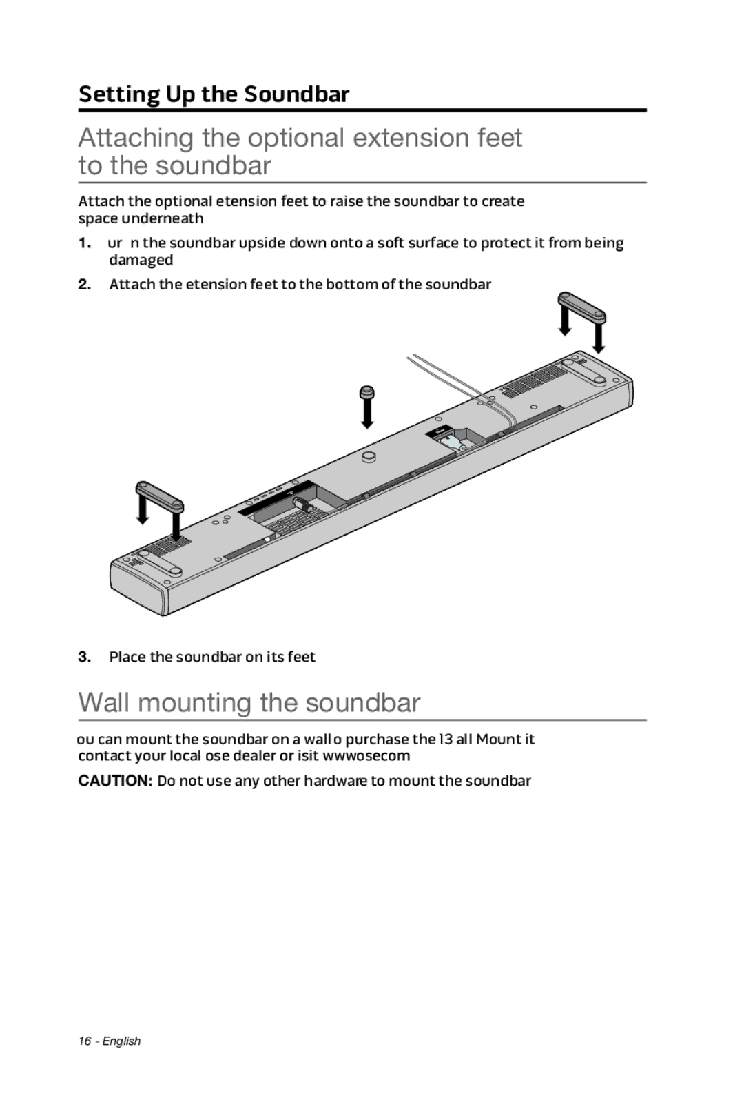 Bose cinemate manual Attaching the optional extension feet to the soundbar, Wall mounting the soundbar 