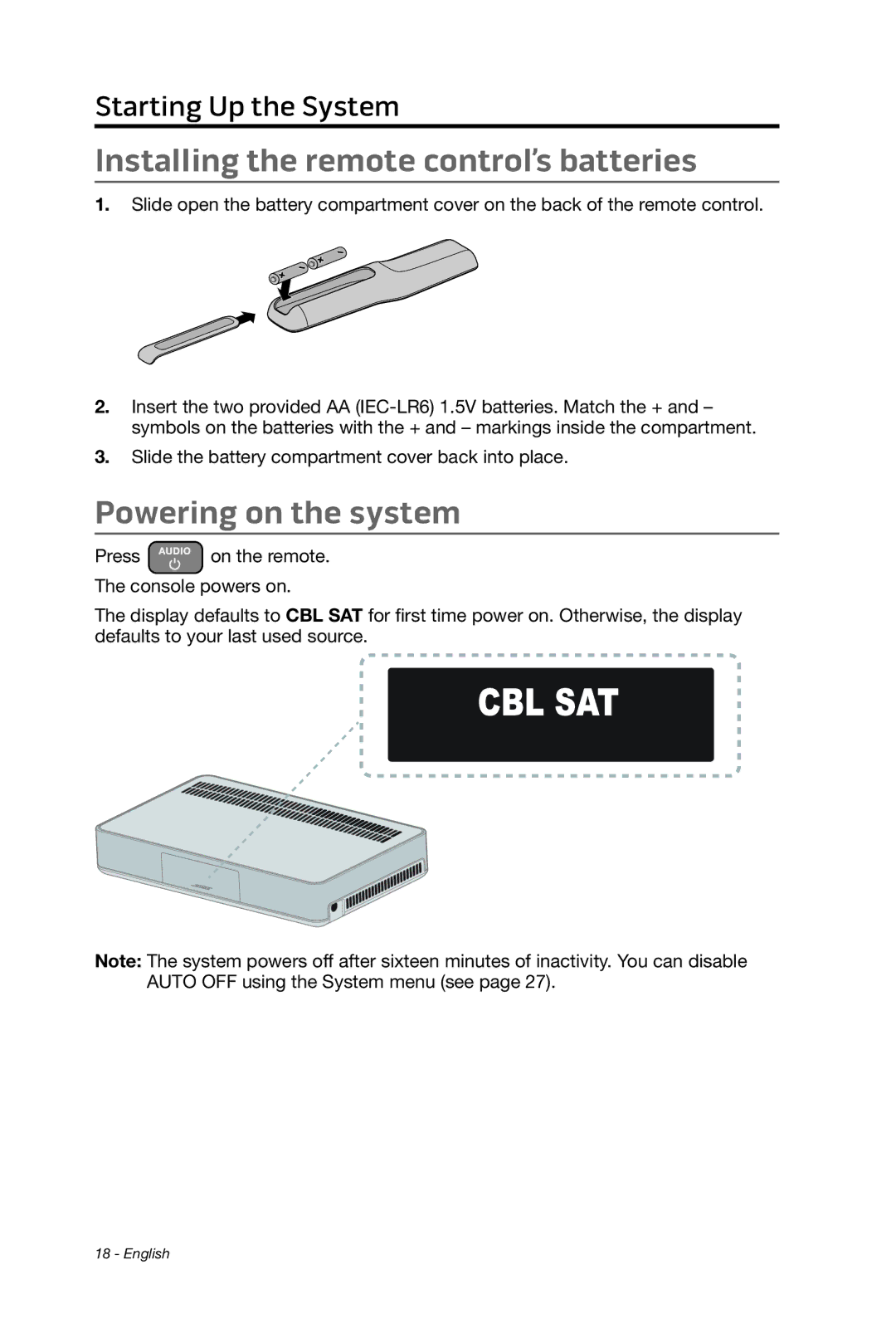 Bose cinemate manual Installing the remote control’s batteries, Powering on the system 