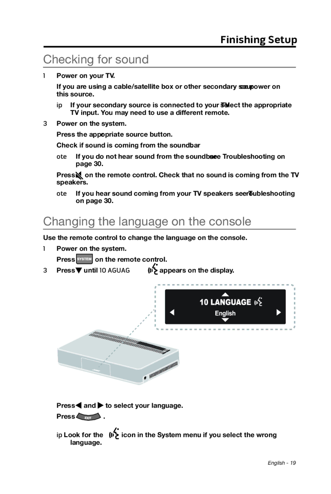 Bose cinemate manual Checking for sound, Changing the language on the console 