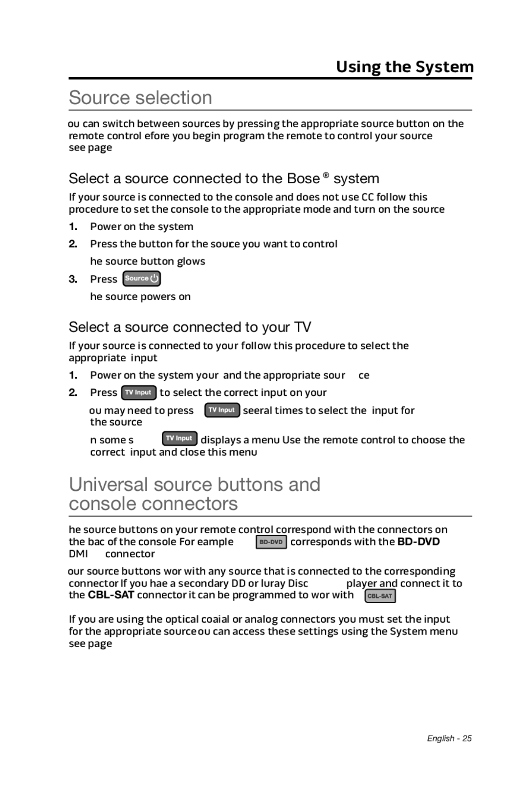 Bose cinemate Source selection, Universal source buttons and console connectors, Select a source connected to your TV 