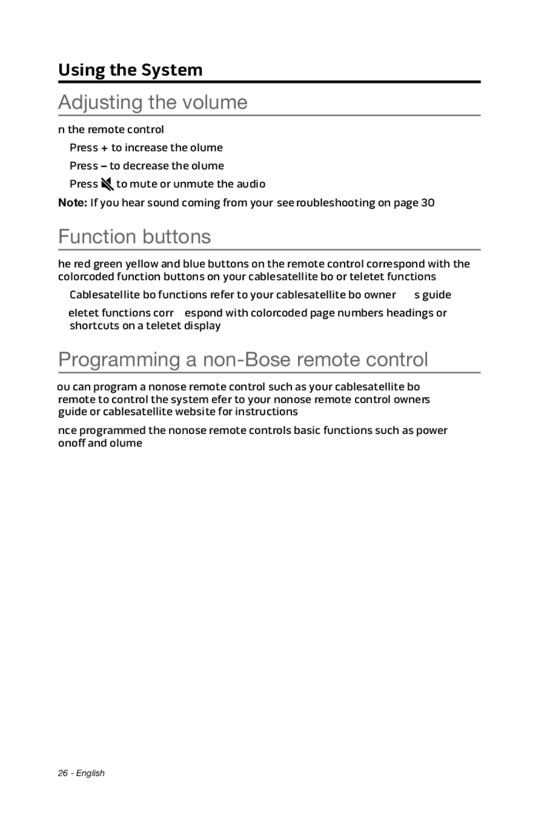 Bose cinemate manual Adjusting the volume, Function buttons, Programming a non-Bose remote control 