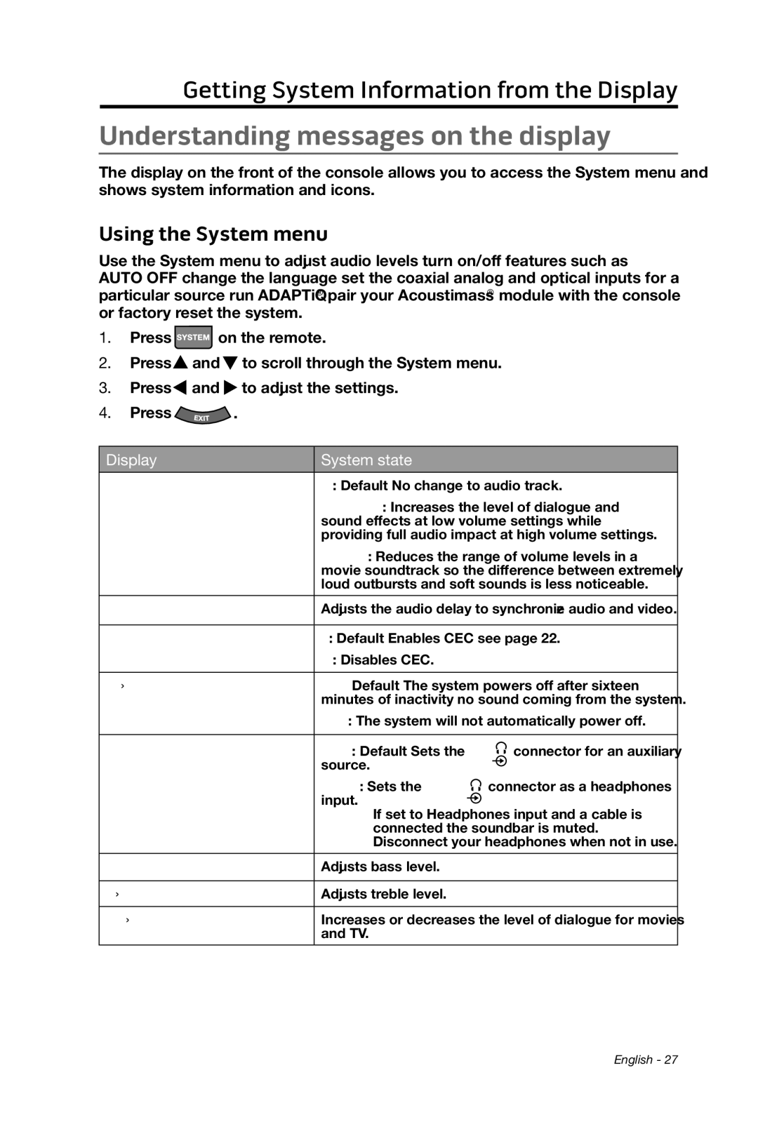 Bose cinemate manual Understanding messages on the display, Using the System menu 