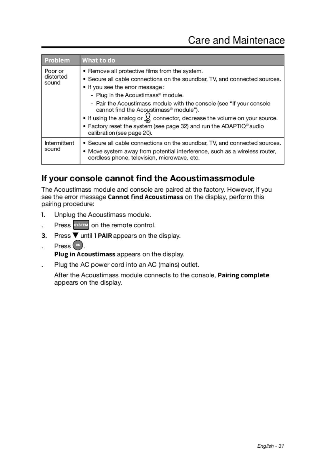 Bose cinemate manual Care and Maintenace, If your console cannot find the Acoustimass module 