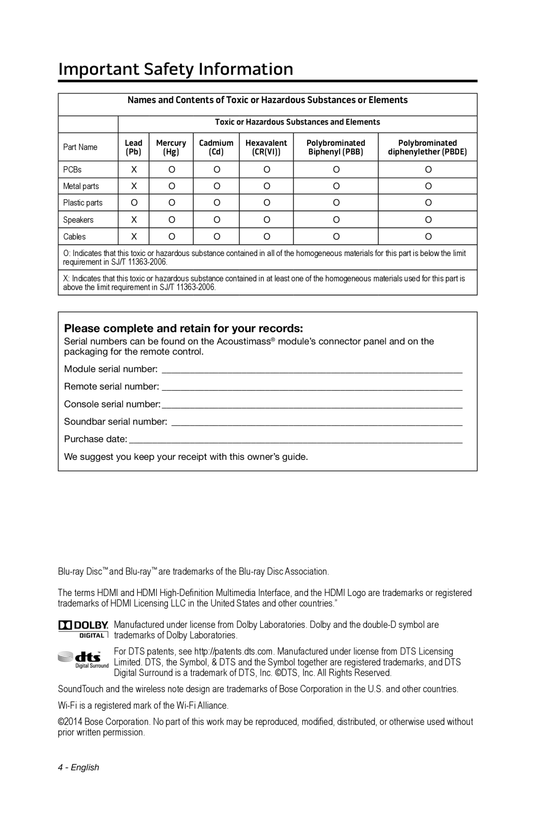 Bose cinemate manual Please complete and retain for your records 