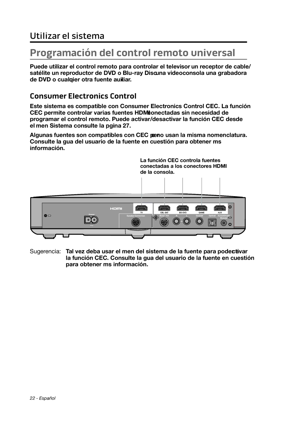 Bose cinemate manual Programación del control remoto universal, Consumer Electronics Control 