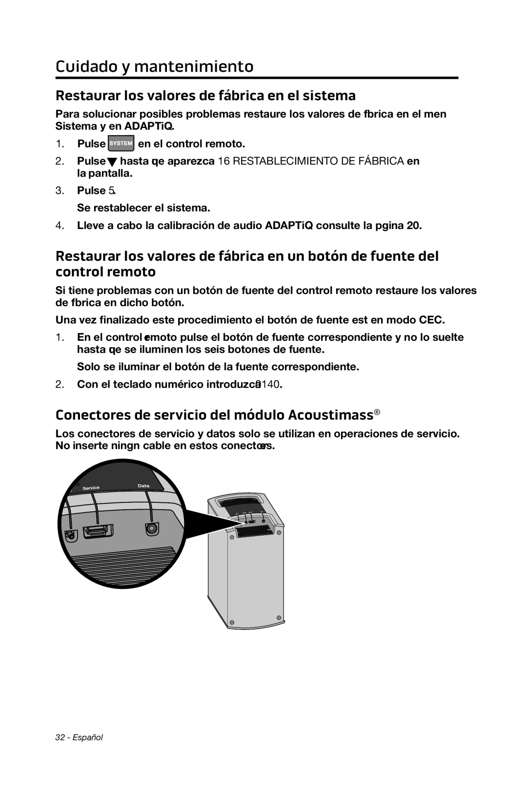 Bose cinemate manual Restaurar los valores de fábrica en el sistema, Conectores de servicio del módulo Acoustimass 