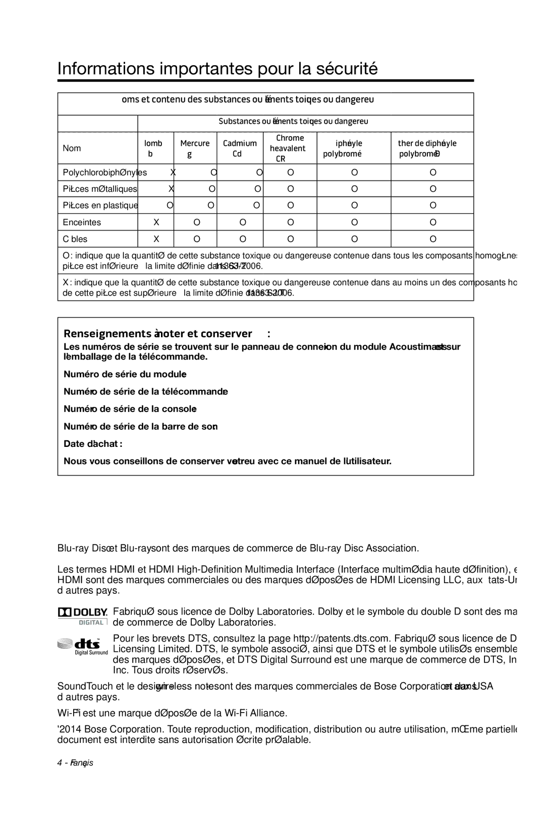 Bose cinemate manual Renseignements à noter et conserver 