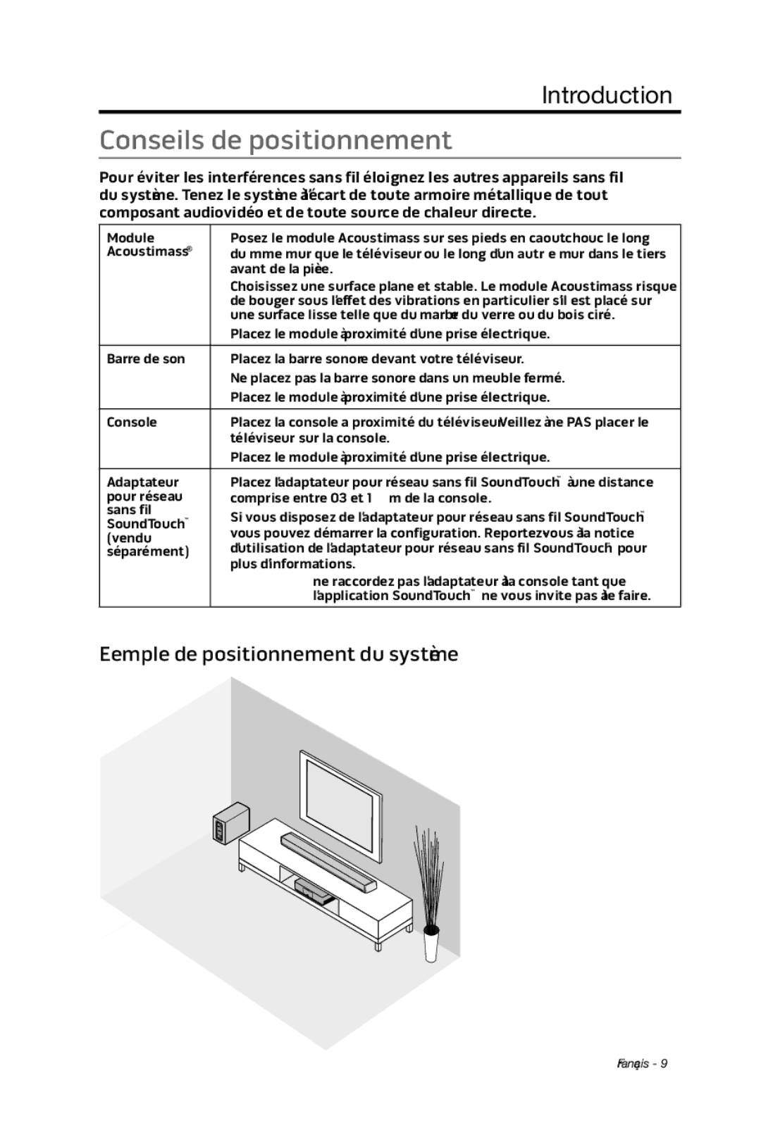 Bose cinemate manual Conseils de positionnement, Exemple de positionnement du système 