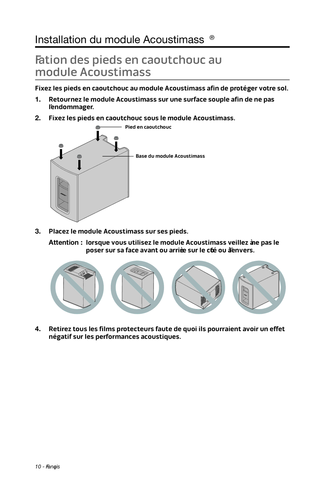 Bose cinemate manual Fixation des pieds en caoutchouc au module Acoustimass 