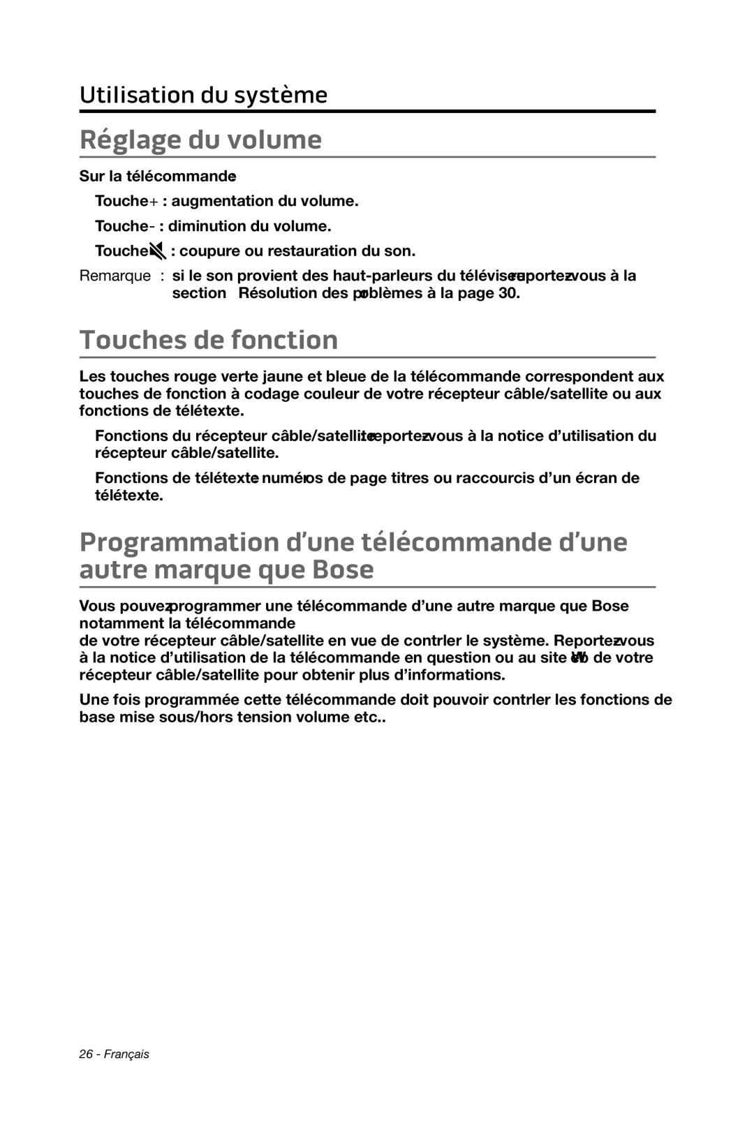 Bose cinemate manual Réglage du volume, Touches de fonction 