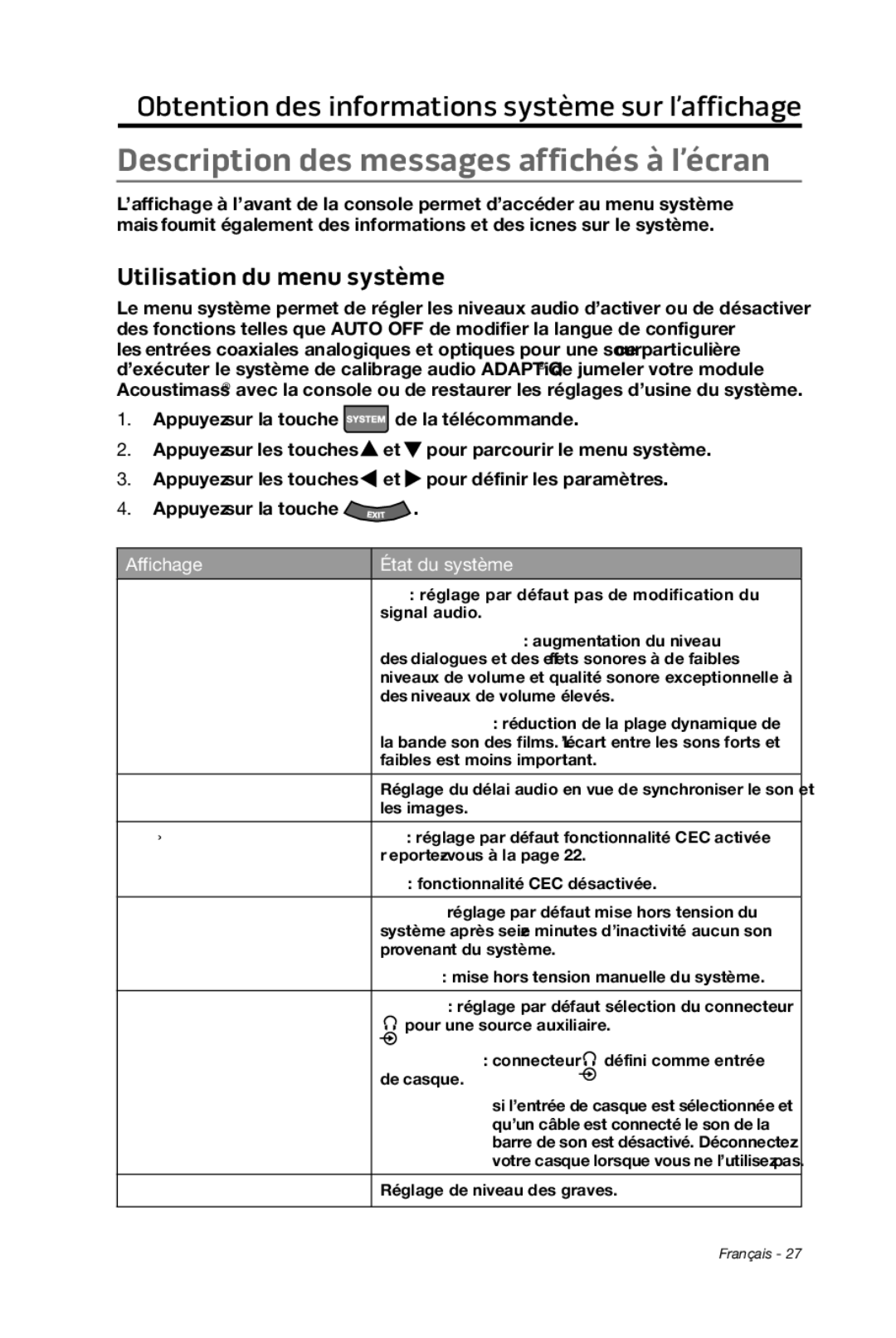 Bose cinemate manual Description des messages affichés à l’écran, Utilisation du menu système 