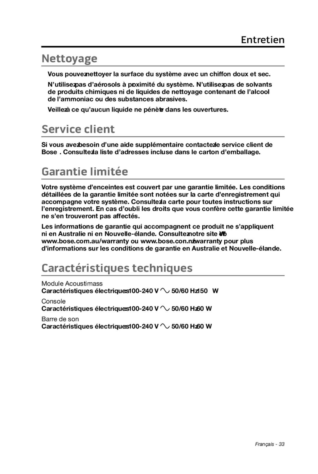 Bose cinemate manual Nettoyage, Service client, Garantie limitée, Caractéristiques techniques 