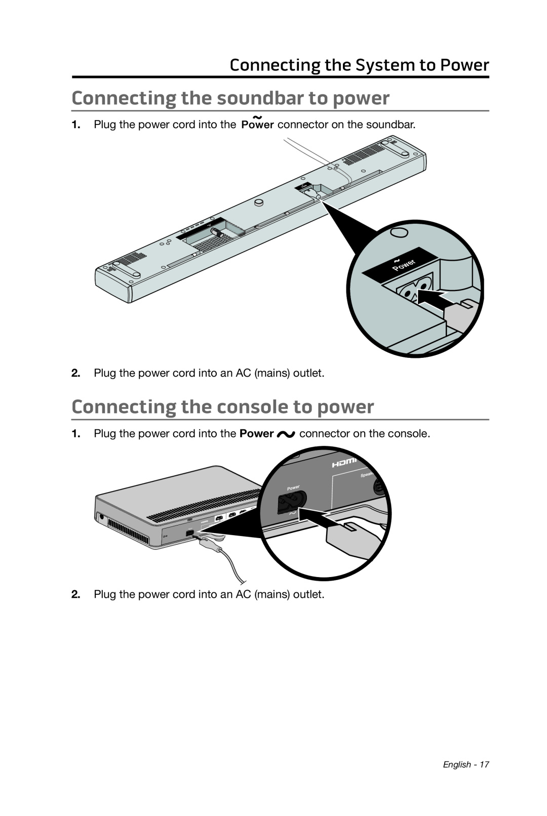Bose cinemate Connecting the soundbar to power, Connecting the console to power, Connecting the System to Power, English 