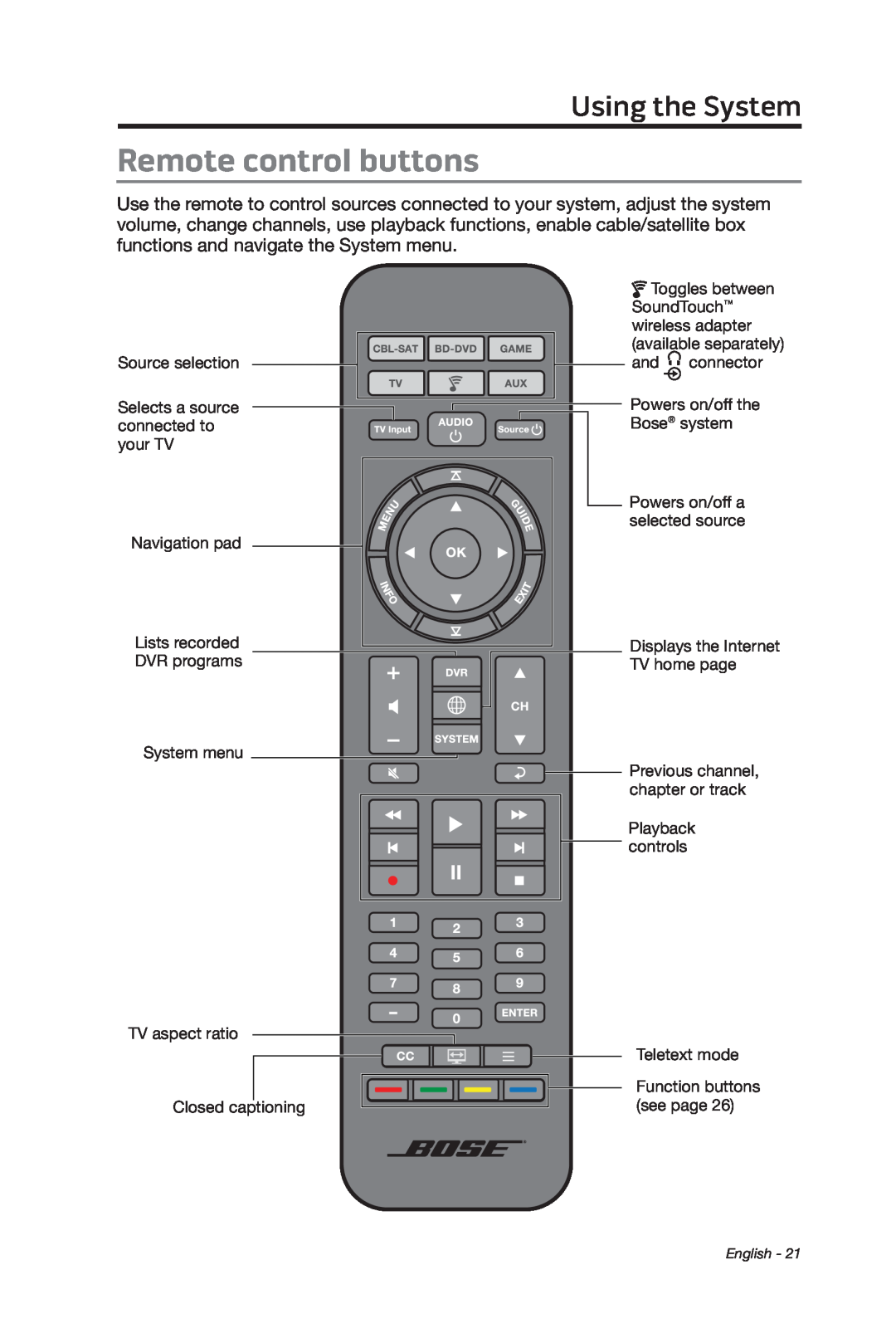 Bose cinemate manual Remote control buttons, Using the System 