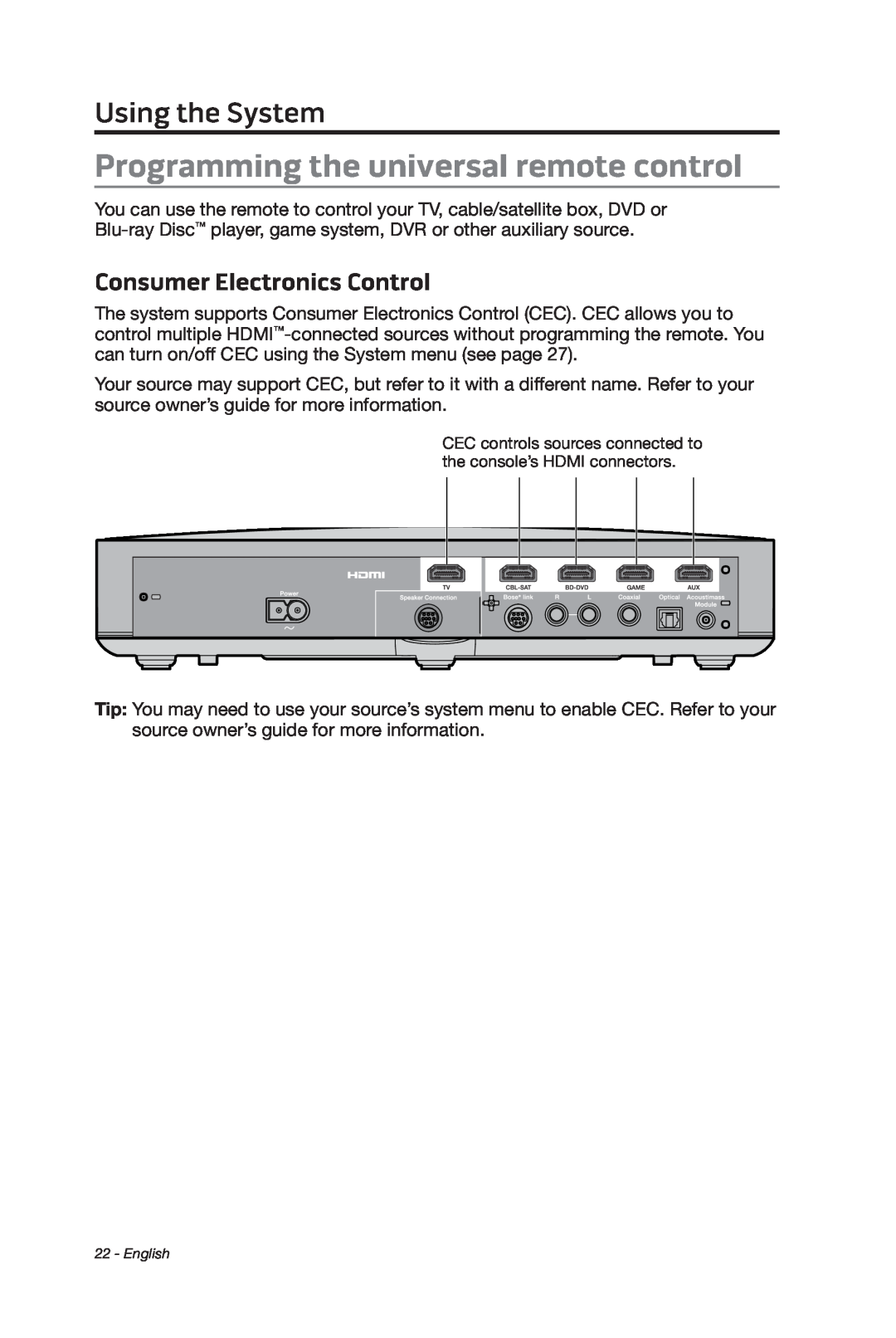 Bose cinemate manual Programming the universal remote control, Consumer Electronics Control, Using the System 