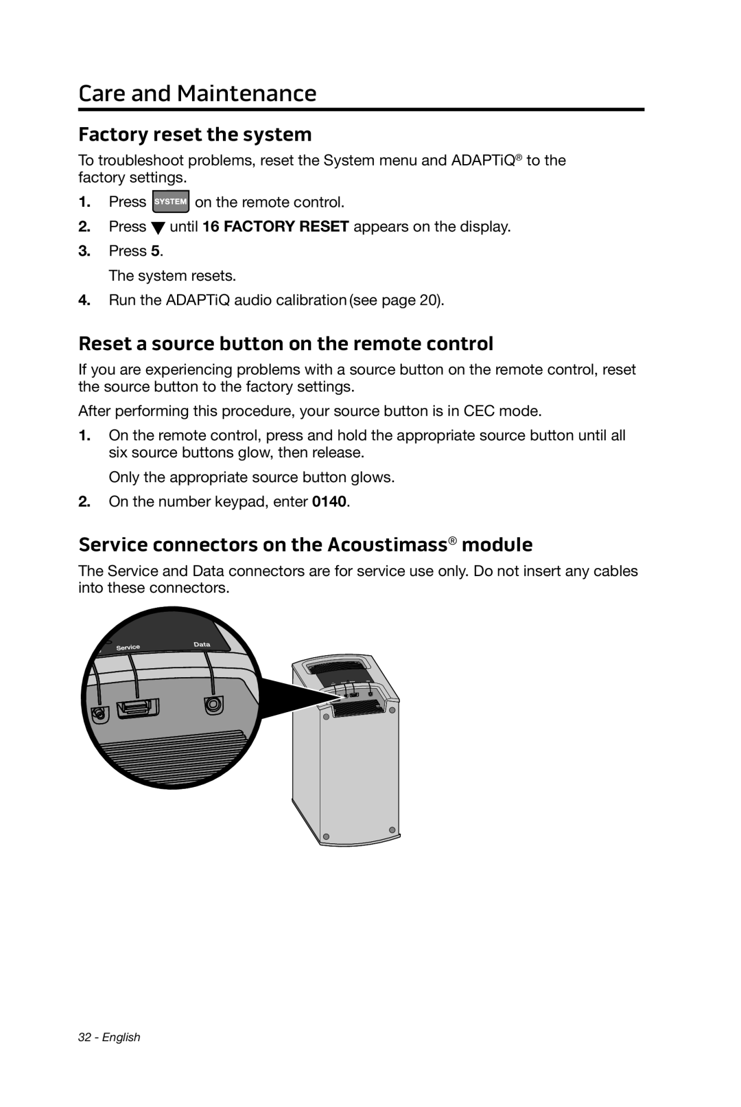 Bose cinemate manual Factory reset the system, Reset a source button on the remote control, Care and Maintenance 