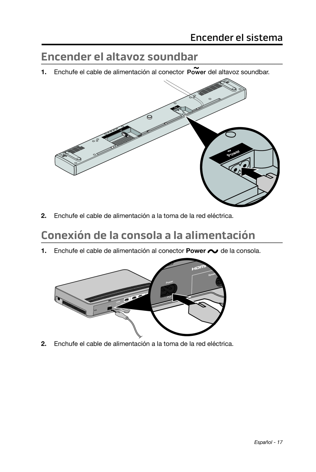 Bose cinemate manual Encender el altavoz soundbar, Conexión de la consola a la alimentación, Encender el sistema 