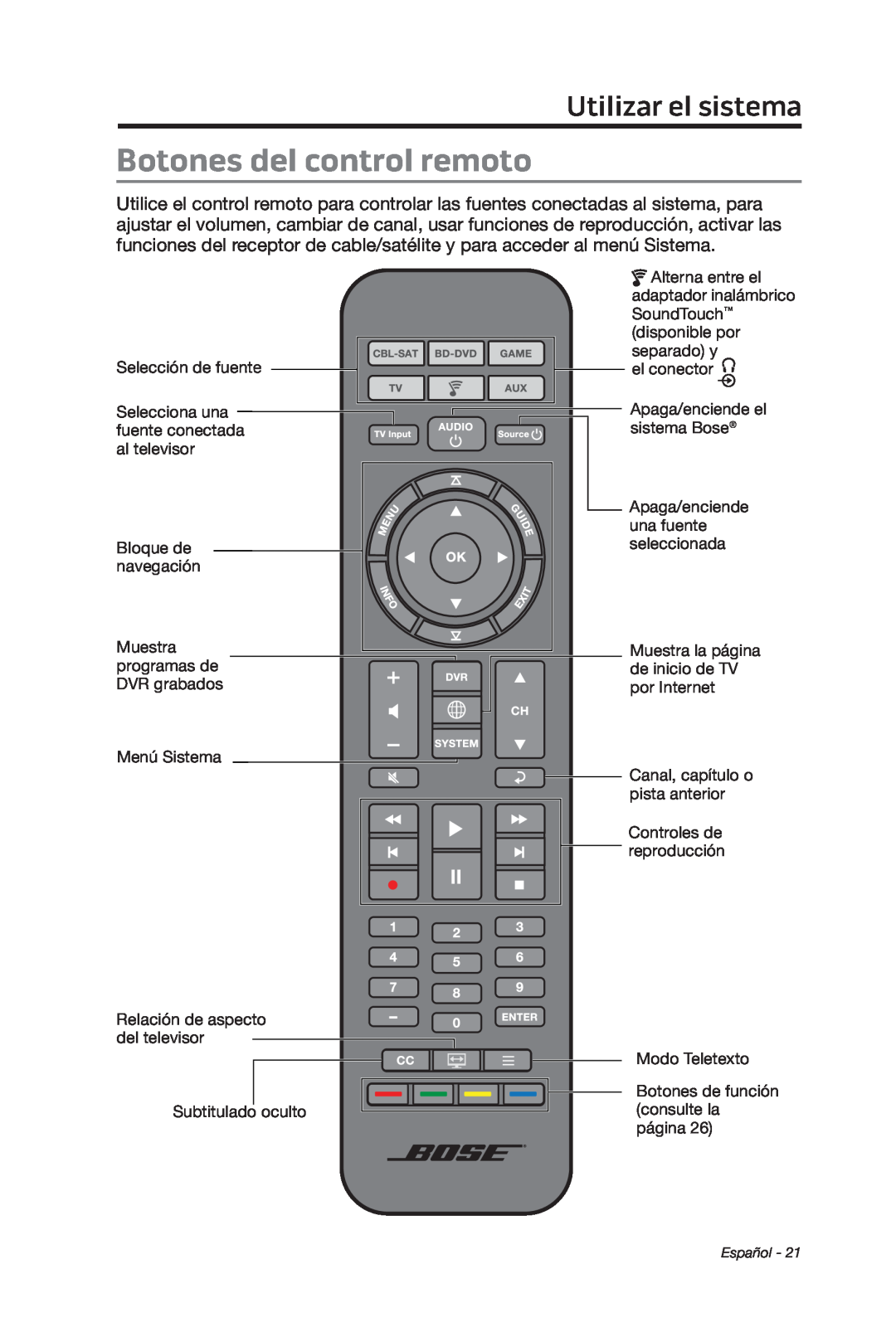 Bose cinemate manual Botones del control remoto, Utilizar el sistema 