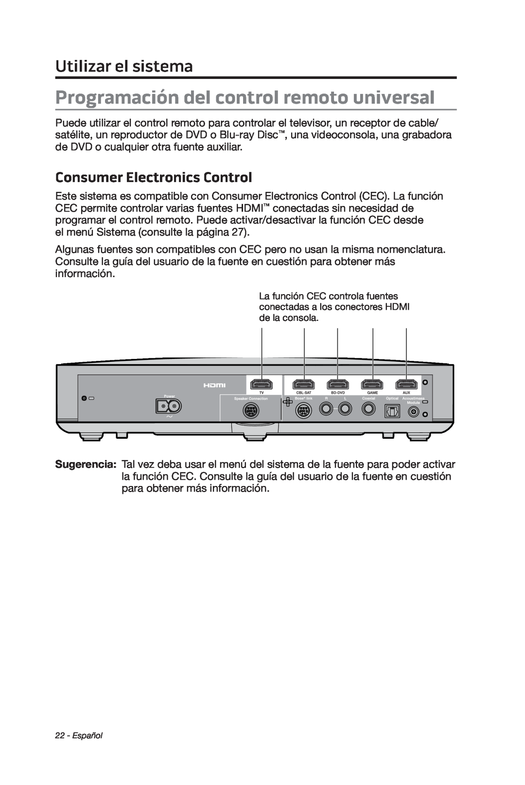 Bose cinemate manual Programación del control remoto universal, Utilizar el sistema, Consumer Electronics Control 