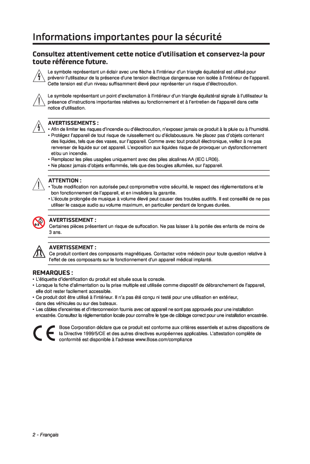 Bose cinemate manual Informations importantes pour la sécurité, Remarques 