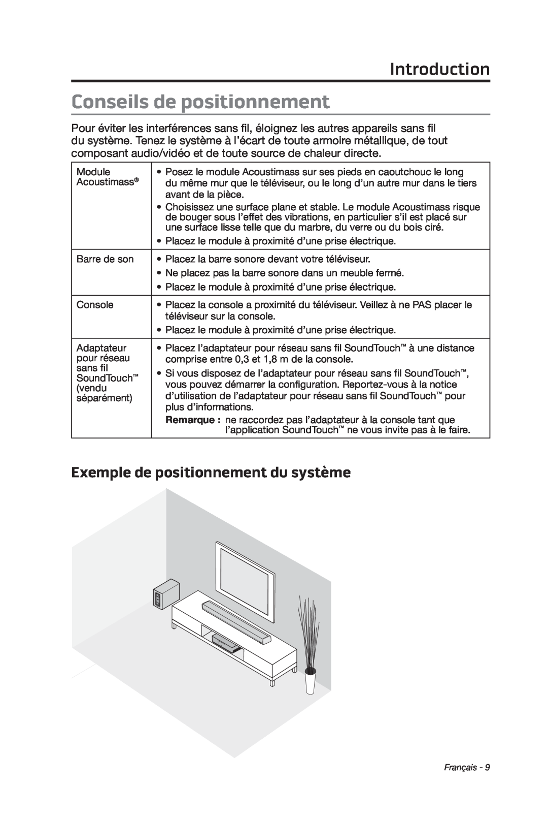 Bose cinemate manual Conseils de positionnement, Exemple de positionnement du système, Introduction 