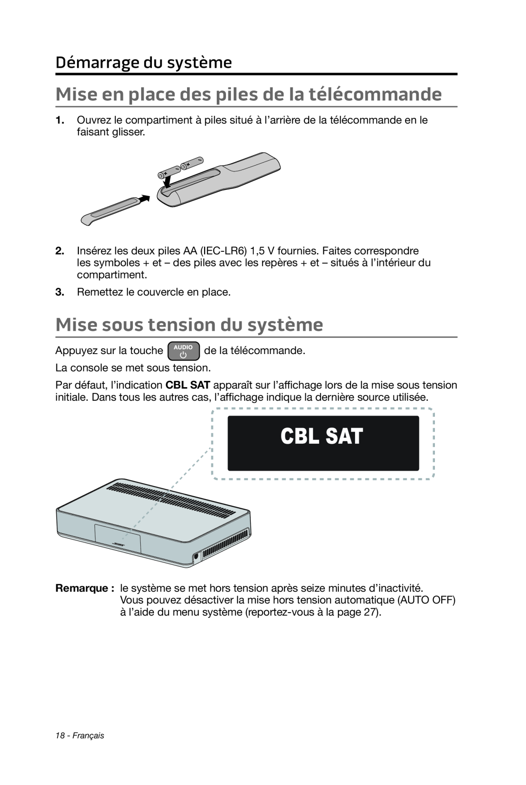 Bose cinemate manual Mise en place des piles de la télécommande, Mise sous tension du système, Démarrage du système 