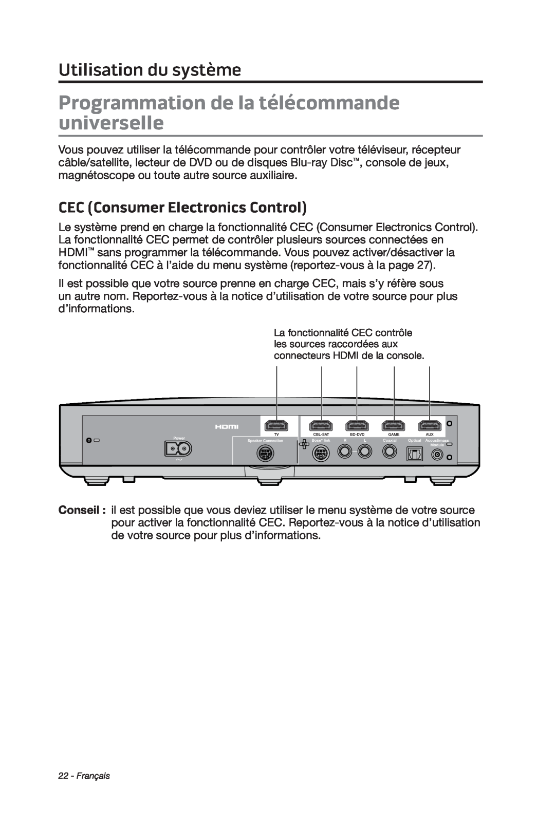 Bose cinemate manual Programmation de la télécommande universelle, CEC Consumer Electronics Control, Utilisation du système 