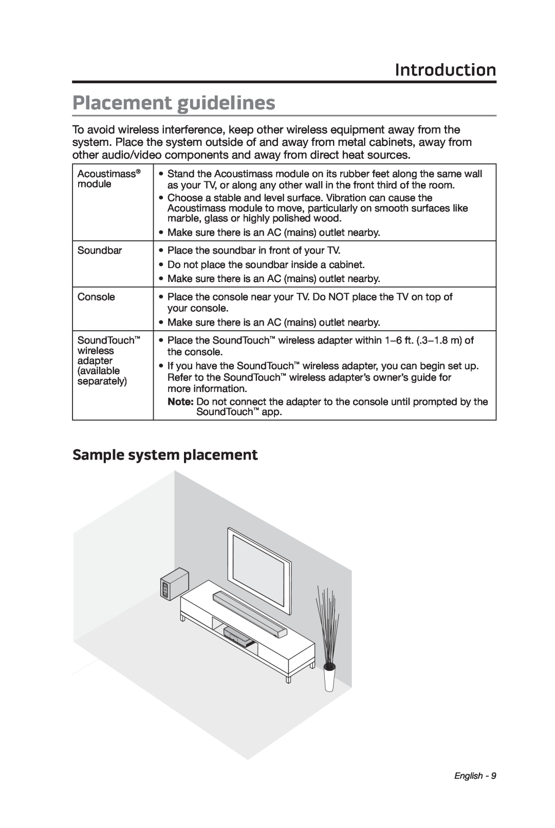 Bose cinemate manual Placement guidelines, Sample system placement, Introduction 