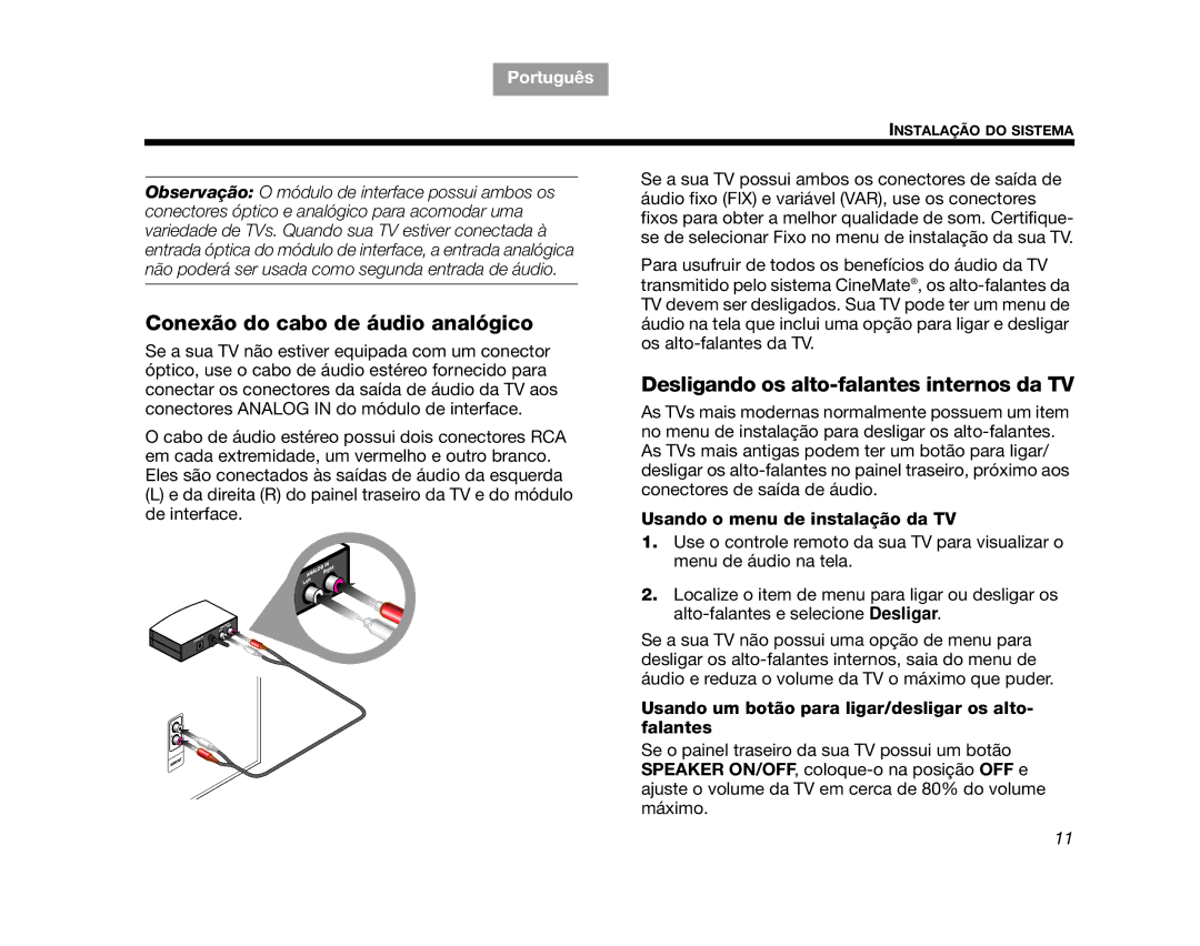 Bose GS Series II, CINEMATEGSII, AM323023 Conexão do cabo de áudio analógico, Desligando os alto-falantes internos da TV 