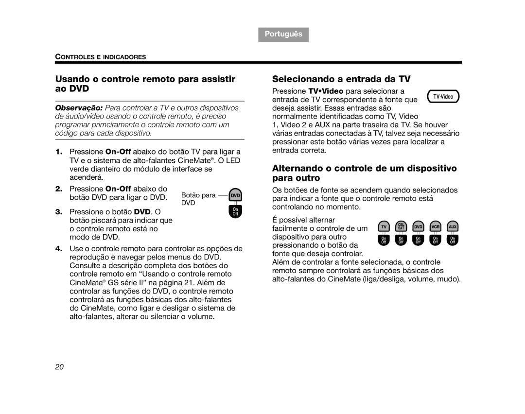 Bose CINEMATEII, CINEMATEGSII, GS Series II Usando o controle remoto para assistir ao DVD, Selecionando a entrada da TV 