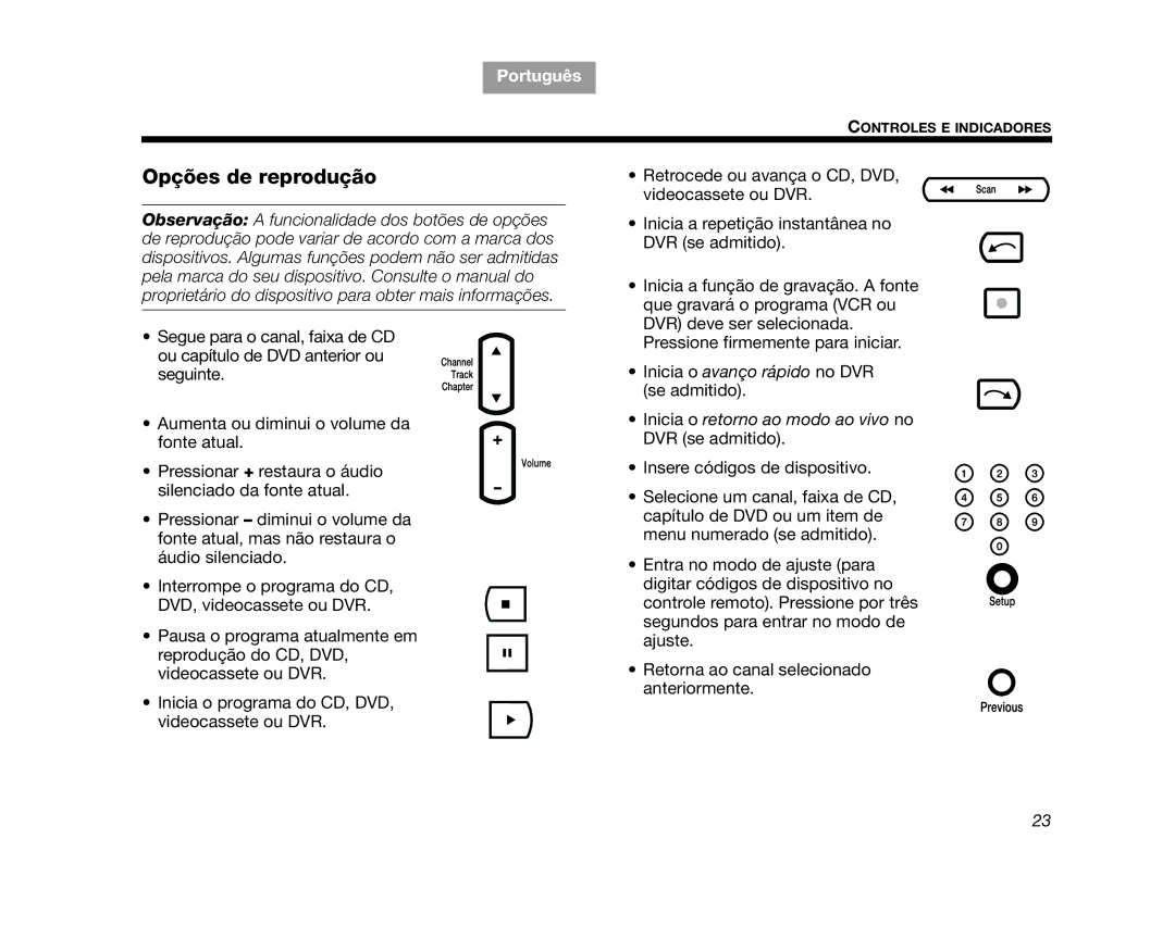 Bose GS Series II, CINEMATEGSII, AM323023 manual Opções de reprodução, Inicia o retorno ao modo ao vivo no DVR se admitido 