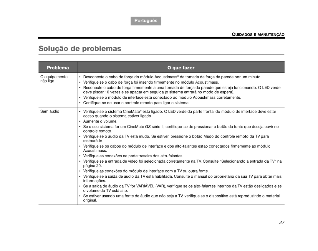 Bose CINEMATEGSII, GS Series II, AM323023, SERIES 2, CINEMATEII manual Solução de problemas, Problema Que fazer 