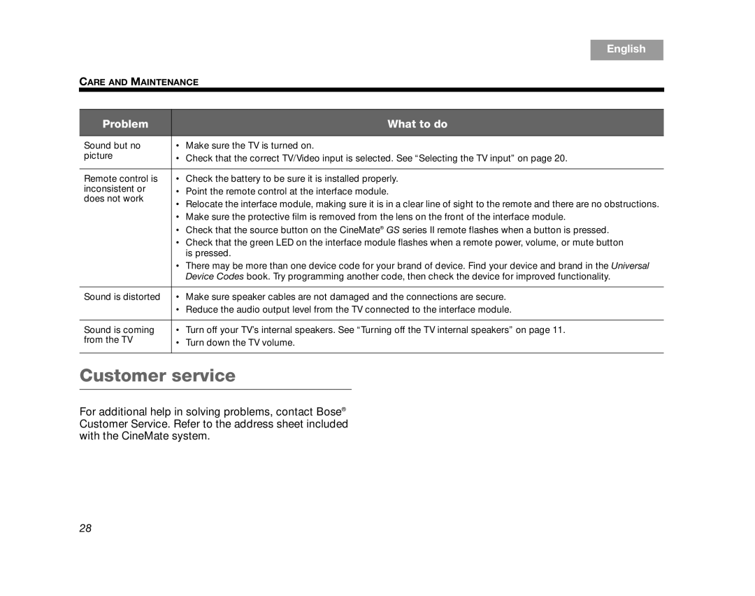 Bose CINEMATEGSII, GS Series II, AM323023, SERIES 2, CINEMATEII manual Customer service 