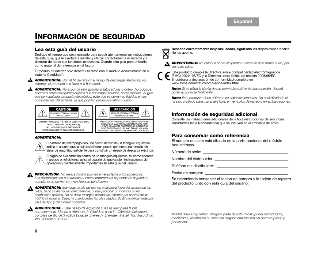 Bose AM323023, CINEMATEGSII, GS Series II, SERIES 2, CINEMATEII manual Información DE Seguridad 