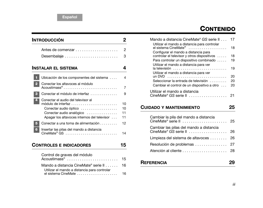 Bose SERIES 2, CINEMATEGSII, GS Series II, AM323023, CINEMATEII manual Contenido 