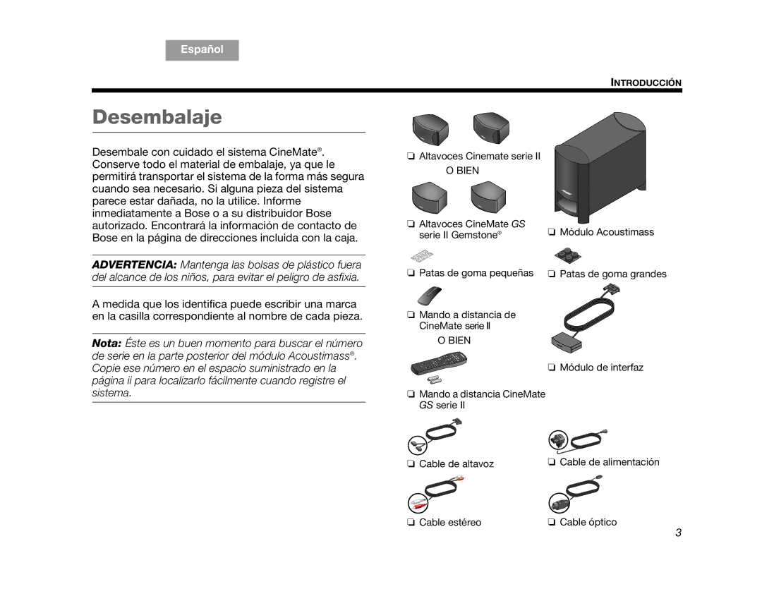 Bose CINEMATEGSII, GS Series II, AM323023, SERIES 2, CINEMATEII manual Desembalaje, Sistema 