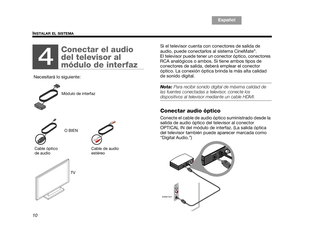 Bose CINEMATEGSII, GS Series II, AM323023 manual Conectar el audio Del televisor al módulo de interfaz, Conectar audio óptico 