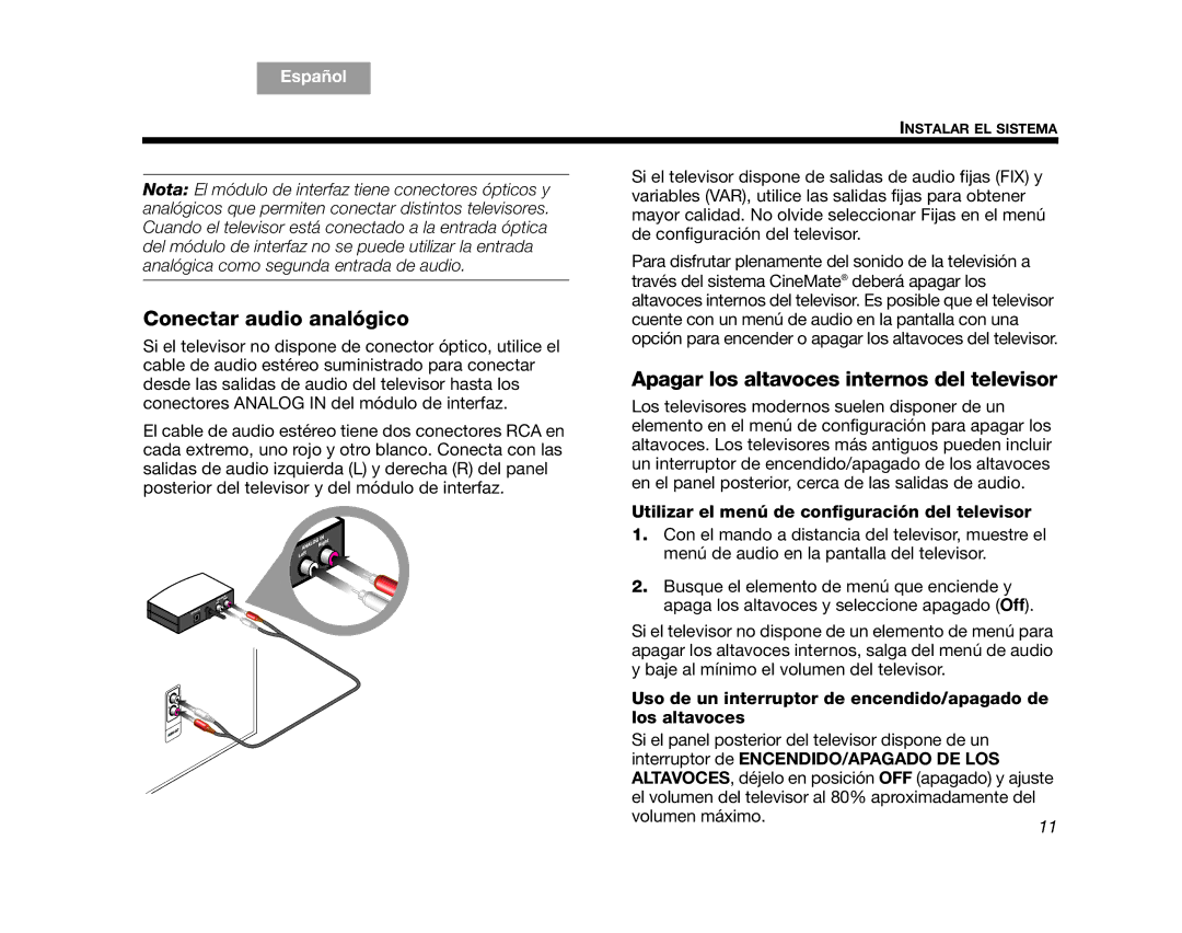 Bose GS Series II, CINEMATEGSII, AM323023, SERIES 2 Conectar audio analógico, Apagar los altavoces internos del televisor 