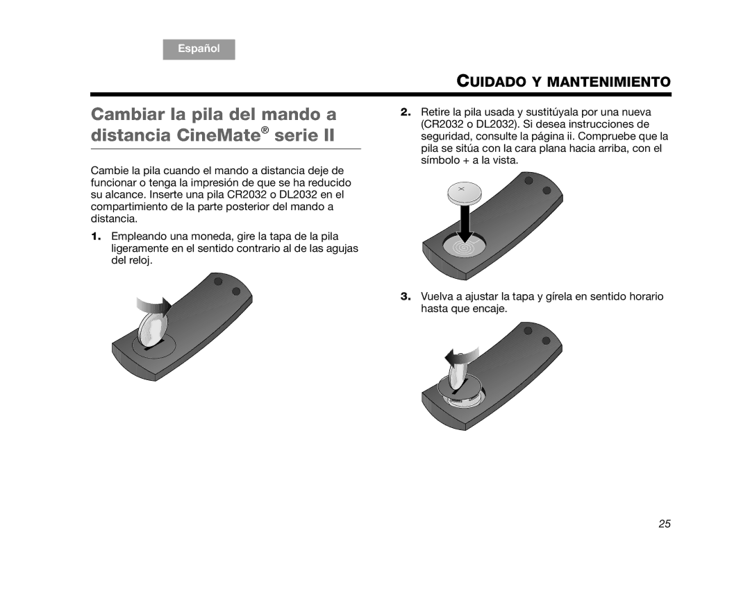 Bose SERIES 2, CINEMATEGSII, GS Series II, AM323023, CINEMATEII manual Cambiar la pila del mando a distancia CineMate serie 