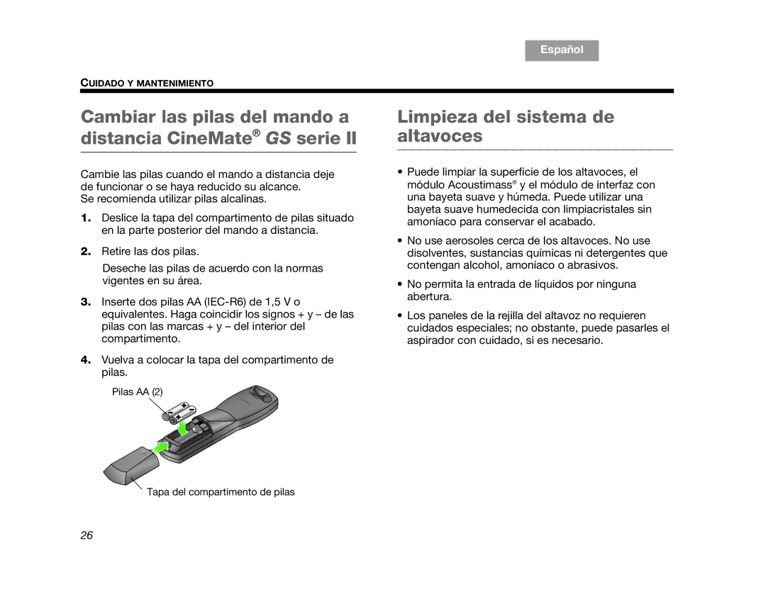 Bose CINEMATEII, CINEMATEGSII Cambiar las pilas del mando a distancia CineMate GS serie, Limpieza del sistema de altavoces 