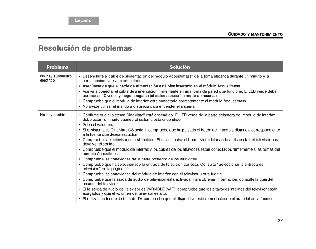 Bose CINEMATEGSII, GS Series II, AM323023, SERIES 2, CINEMATEII manual Resolución de problemas, Problema Solución 