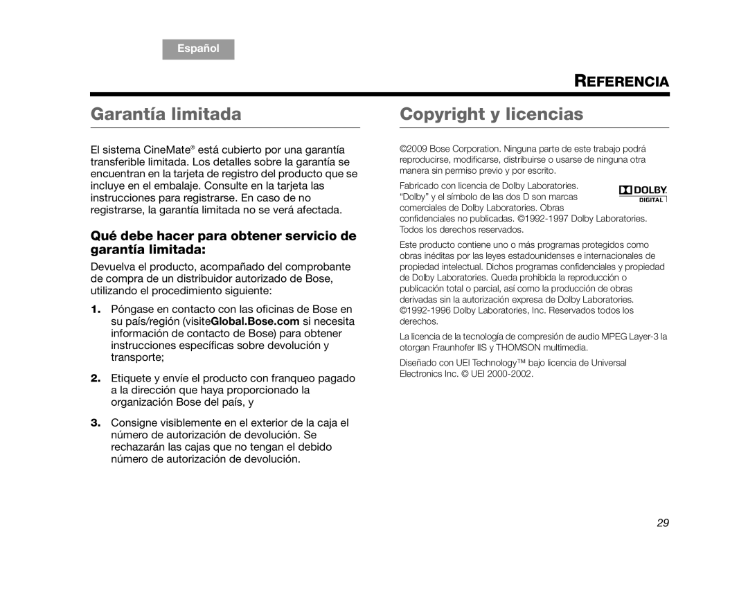 Bose GS Series II Garantía limitada, Copyright y licencias, Qué debe hacer para obtener servicio de garantía limitada 