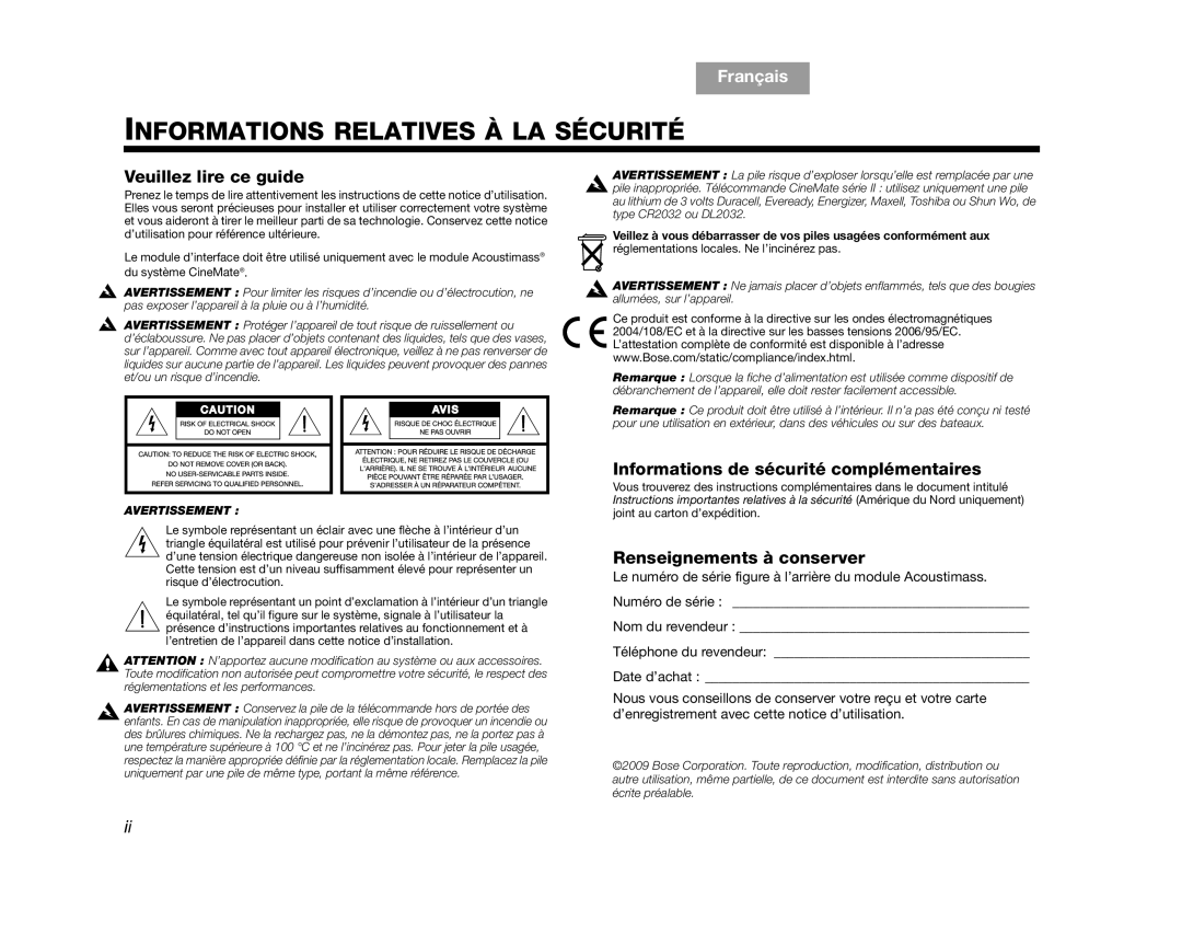 Bose AM323023, CINEMATEGSII, GS Series II, SERIES 2, CINEMATEII manual Informations Relatives À LA Sécurité 