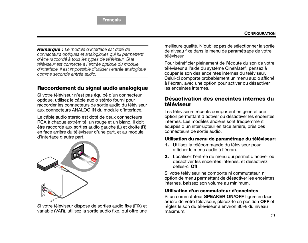 Bose GS Series II, AM323023 Raccordement du signal audio analogique, Désactivation des enceintes internes du téléviseur 