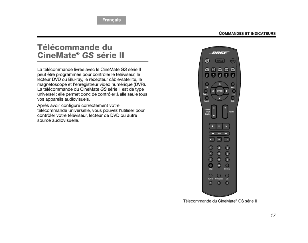 Bose GS Series II, CINEMATEGSII, AM323023, SERIES 2, CINEMATEII manual Télécommande du CineMate GS série 