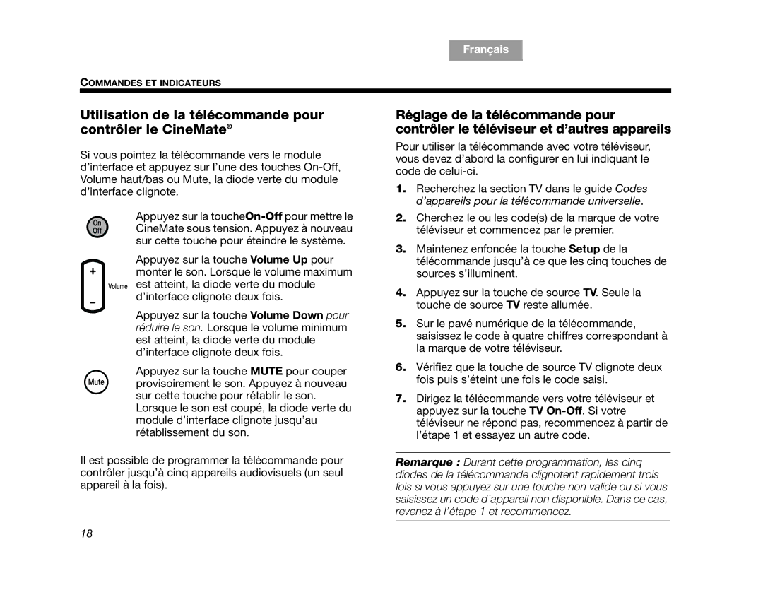 Bose AM323023, CINEMATEGSII, GS Series II, SERIES 2, CINEMATEII Utilisation de la télécommande pour contrôler le CineMate 