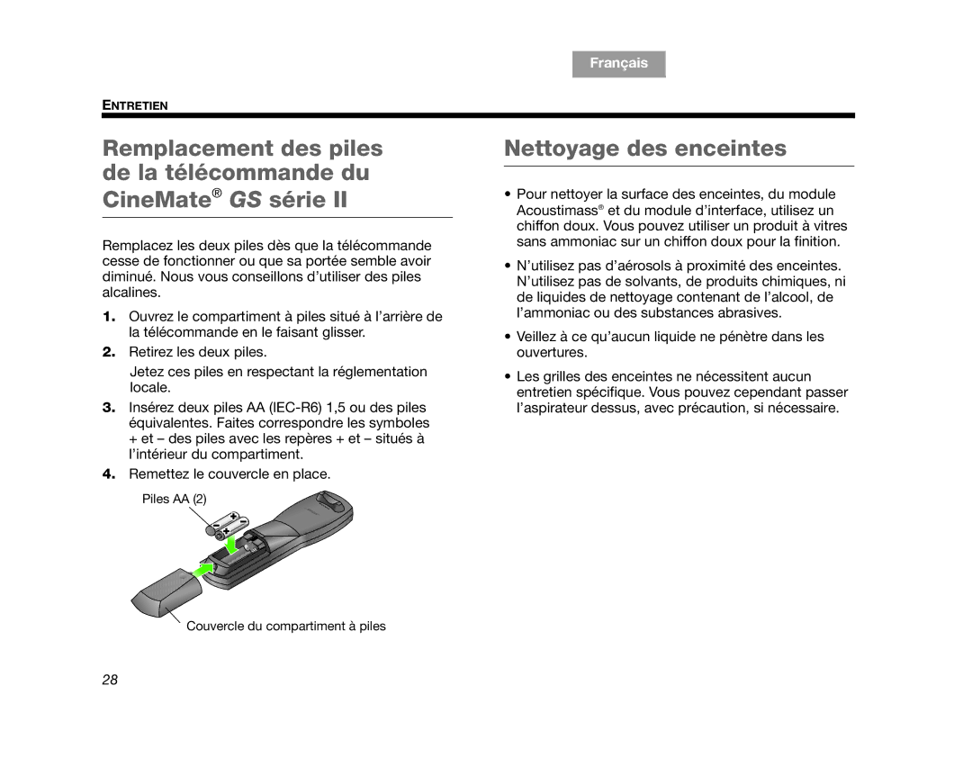 Bose CINEMATEII, CINEMATEGSII, GS Series II, AM323023, SERIES 2 manual Nettoyage des enceintes 